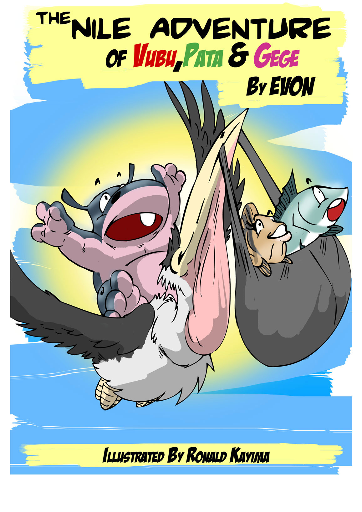 Vubu the hippo and his fish friends riding with Bou the stork beneath the Nile Adventure title.